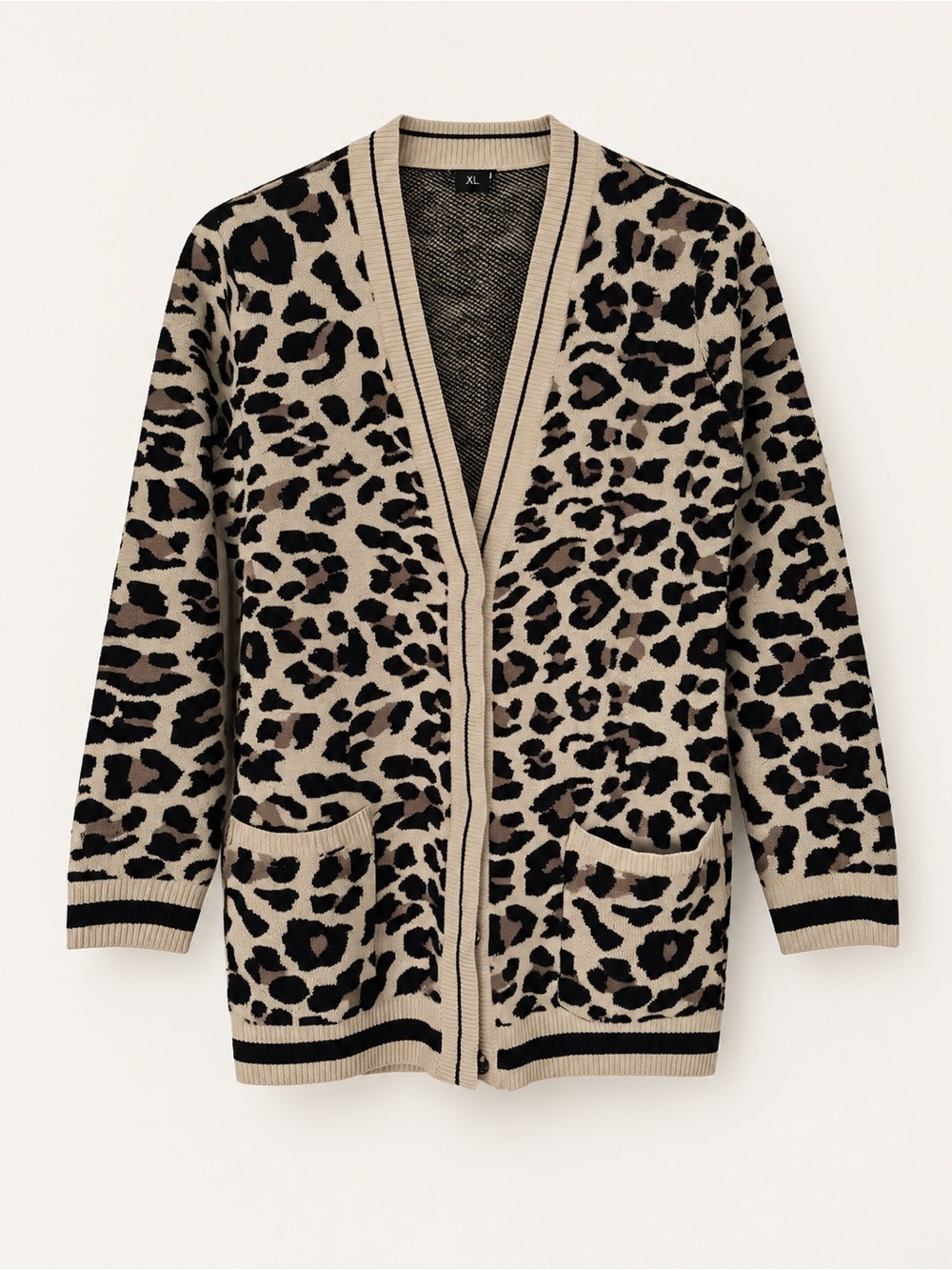 VENUS Beige and Black Leopard Print Open-Front Cardigan